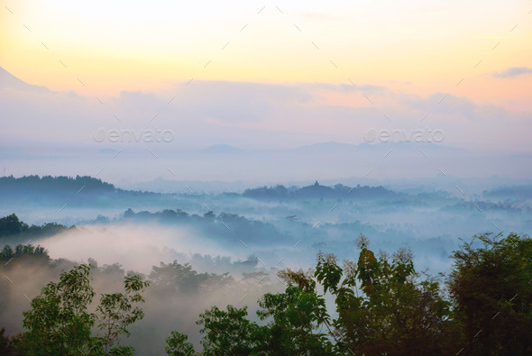 Sunrise over Merapi volcano and Borobudur temple, Indonesia (Misc) Photo Download