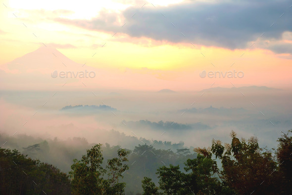 Sunrise over Merapi volcano and Borobudur temple, Indonesia (Misc) Photo Download