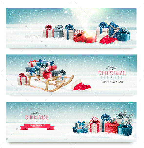 GraphicRiver Three Christmas Banners with Presents and Sleigh 9894595 GraphicRiver Three Christmas Banners with Presents and Sleigh 9894595