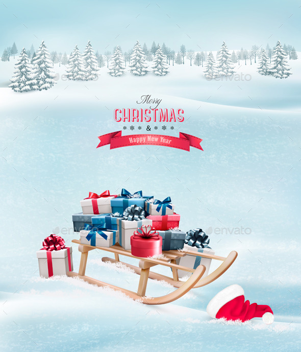GraphicRiver Christmas Presents on a Sleigh and a Santa Hat 9894346 GraphicRiver Christmas Presents on a Sleigh and a Santa Hat 9894346
