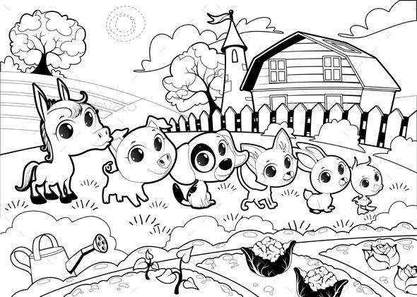 GraphicRiver Farm Animals in a Garden 9912920 GraphicRiver Farm Animals in a Garden 9912920