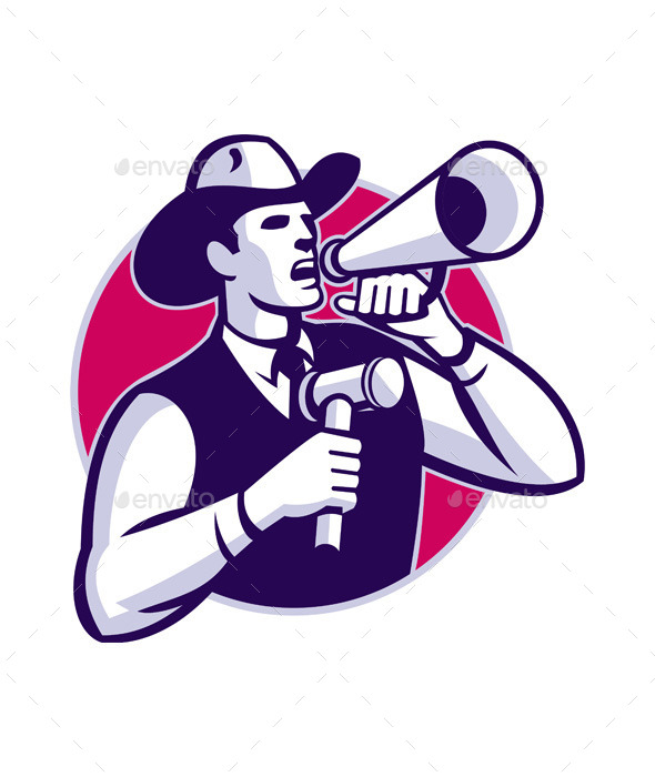 GraphicRiver Auctioneer Cowboy with Gavel and Bullhorn 9920421 GraphicRiver Auctioneer Cowboy with Gavel and Bullhorn 9920421