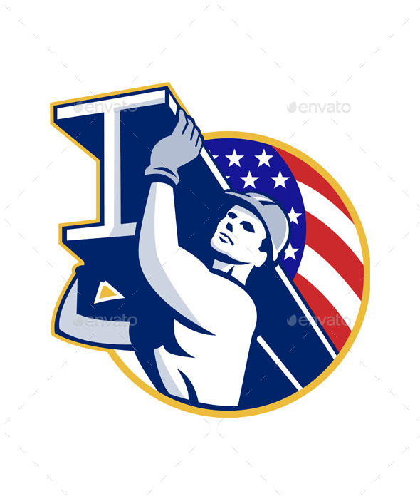 Construction Steel Worker I-Beam American Flag