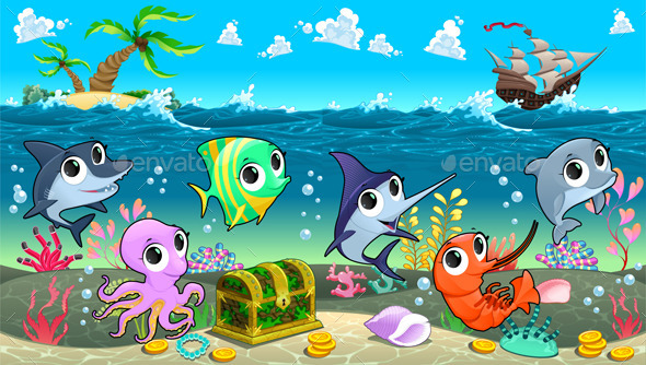 GraphicRiver Marine Animals in the Sea with Galleon 9940184 GraphicRiver Marine Animals in the Sea with Galleon 9940184