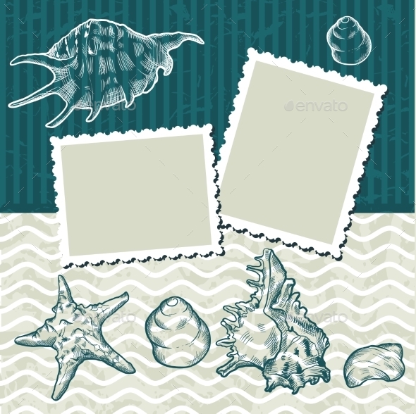 Background with Old Postcards and Seashells Background with Old Postcards and Seashells