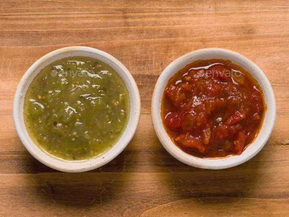 rustic red tomato salsa and green salsa verde