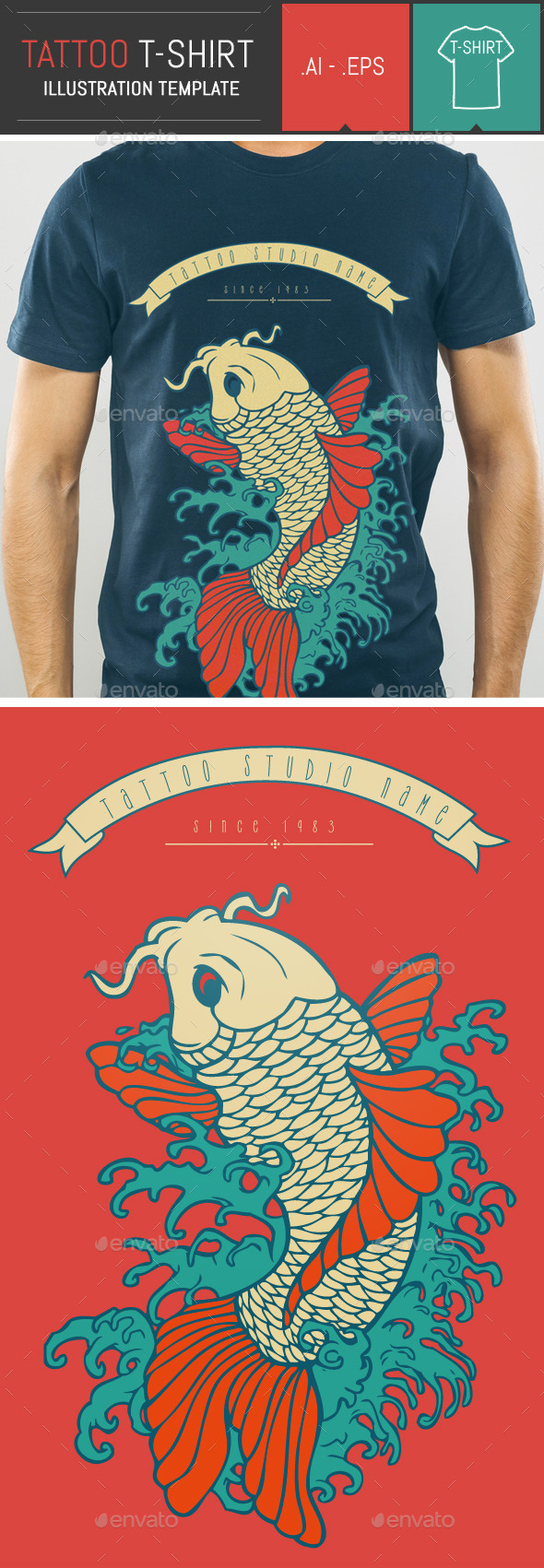 Carp Tattoo Vector Illustration T-Shirt Template Carp Tattoo Vector Illustration T-Shirt Template