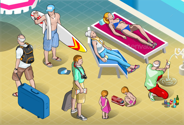 GraphicRiver Isometric Tourists Peoples Set at Resort 9980710 GraphicRiver Isometric Tourists Peoples Set at Resort 9980710