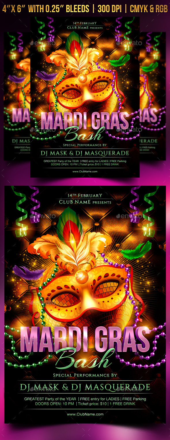 Mardi Gras Bash Flyer Template (Clubs & Parties)