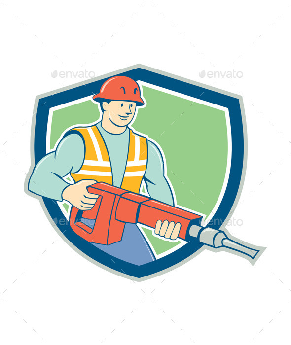 GraphicRiver Construction Worker Jackhammer Shield Cartoon 10014568 GraphicRiver Construction Worker Jackhammer Shield Cartoon 10014568