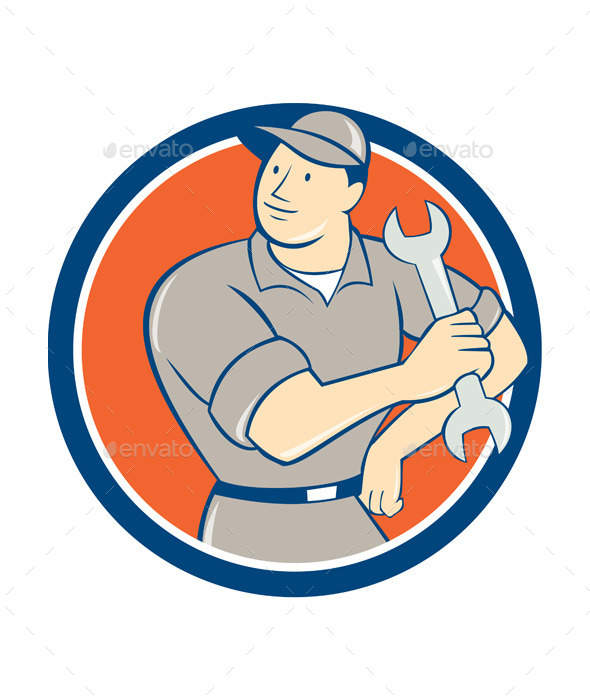 Mechanic Holding Spanner Wrench Circle Cartoon Mechanic Holding Spanner Wrench Circle Cartoon