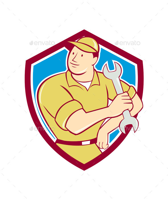 Mechanic Holding Spanner Wrench Shield Cartoon Mechanic Holding Spanner Wrench Shield Cartoon