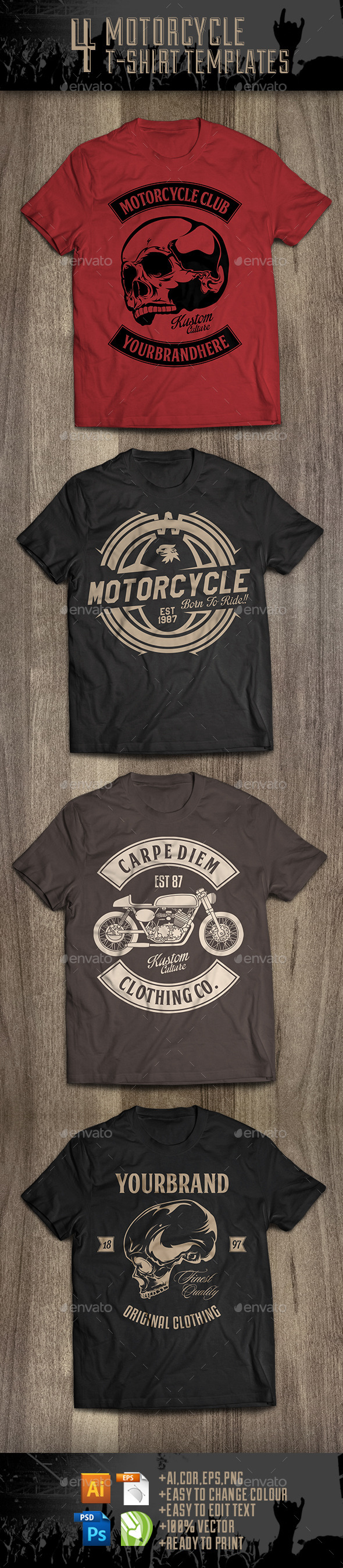 GraphicRiver 4 Motorcycle T-Shirt Templates 10019892 GraphicRiver 4 Motorcycle T-Shirt Templates 10019892