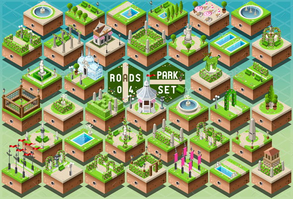 Isometric Accessories for Green City Park Set Isometric Accessories for Green City Park Set