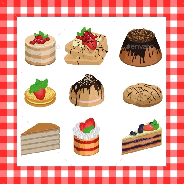 GraphicRiver Set of Sweet Appetizing Cakes on Red Plaid 10042488 GraphicRiver Set of Sweet Appetizing Cakes on Red Plaid 10042488