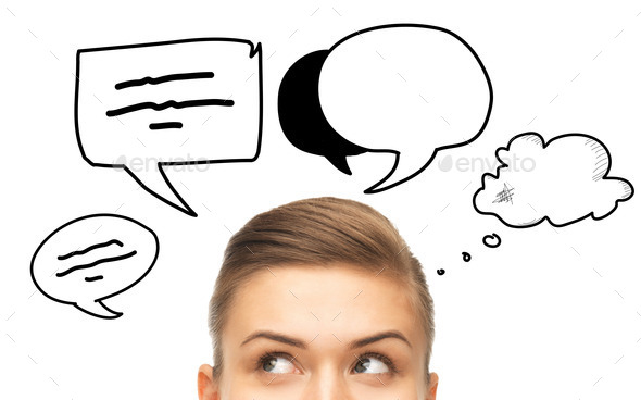 close up of woman looking to text bubbles (Misc) Photo Download