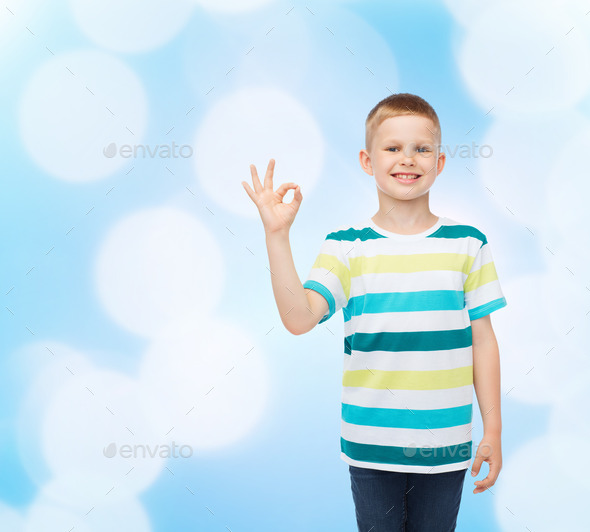 little boy in casual clothes making OK gesture (Misc) Photo Download