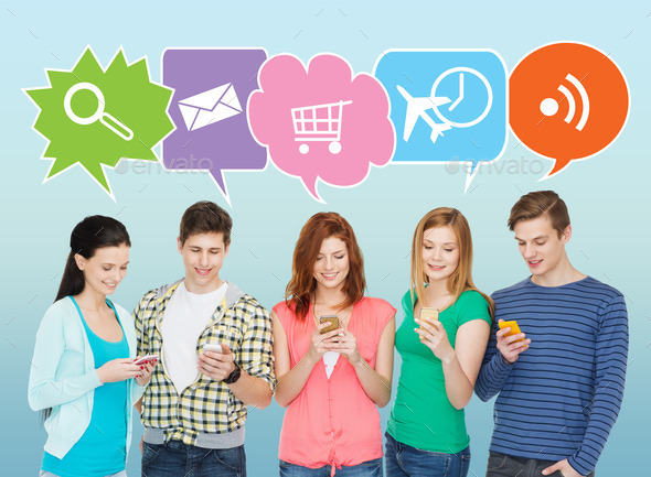 happy friends with smartphones (Misc) Photo Download