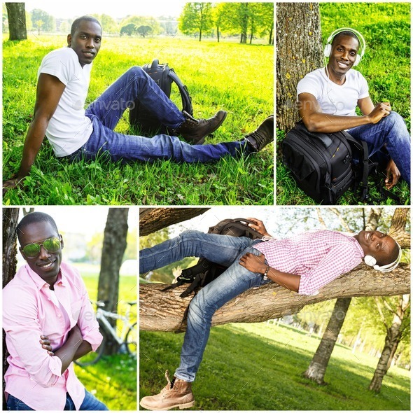 Positive young african american man in a park collage (Misc) Photo Download