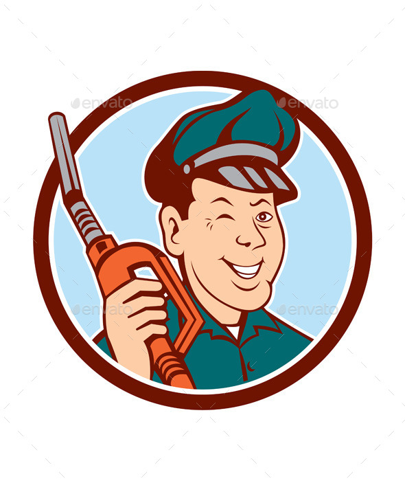 GraphicRiver Gas Attendant Nozzle Winking Circle Cartoon 10103594 GraphicRiver Gas Attendant Nozzle Winking Circle Cartoon 10103594