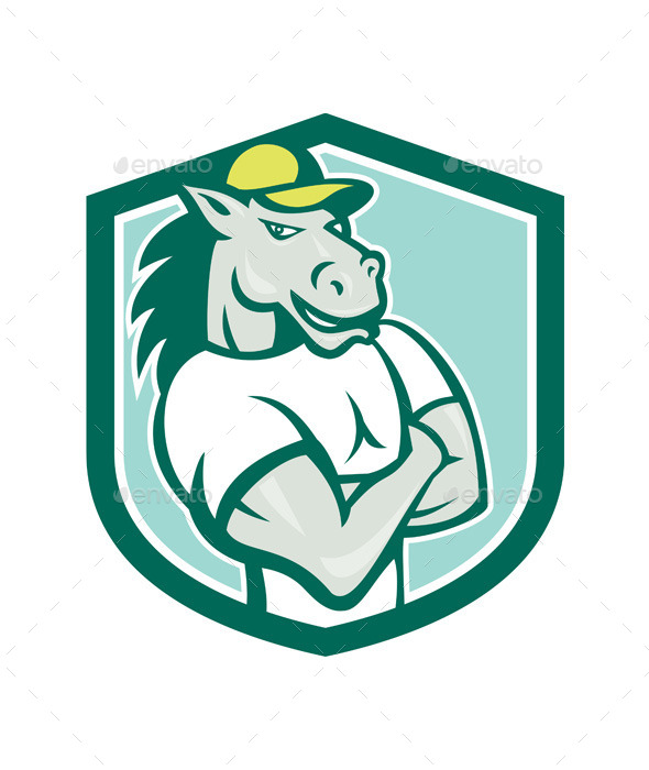 GraphicRiver Horse Arms Crossed Shield Cartoon 10103614 GraphicRiver Horse Arms Crossed Shield Cartoon 10103614