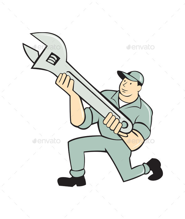 GraphicRiver Mechanic Kneeling Holding Spanner Wrench Cartoon 10103638 GraphicRiver Mechanic Kneeling Holding Spanner Wrench Cartoon 10103638