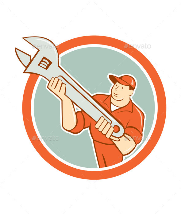 GraphicRiver Mechanic Presenting Spanner Wrench Circle Cartoon 10103639 GraphicRiver Mechanic Presenting Spanner Wrench Circle Cartoon 10103639