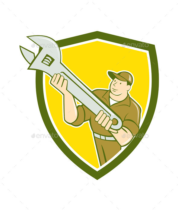 GraphicRiver Mechanic Presenting Spanner Wrench Shield Cartoon 10103645 GraphicRiver Mechanic Presenting Spanner Wrench Shield Cartoon 10103645
