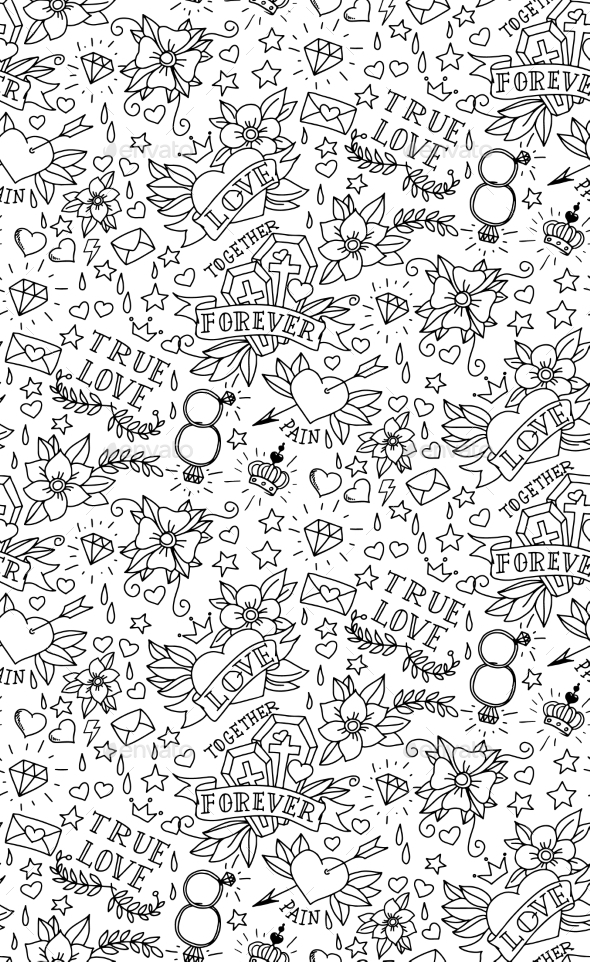 GraphicRiver Hand Drawn Valentine s Day Tattoo Pattern 10107571 GraphicRiver Hand Drawn Valentine s Day Tattoo Pattern 10107571
