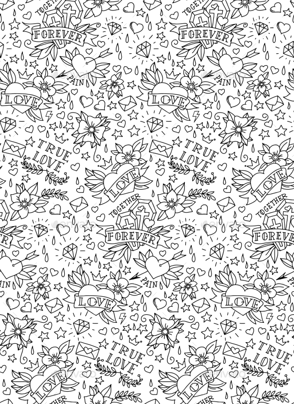 GraphicRiver Hand Drawn Valentine s Day Tattoo Pattern 10107572 GraphicRiver Hand Drawn Valentine s Day Tattoo Pattern 10107572