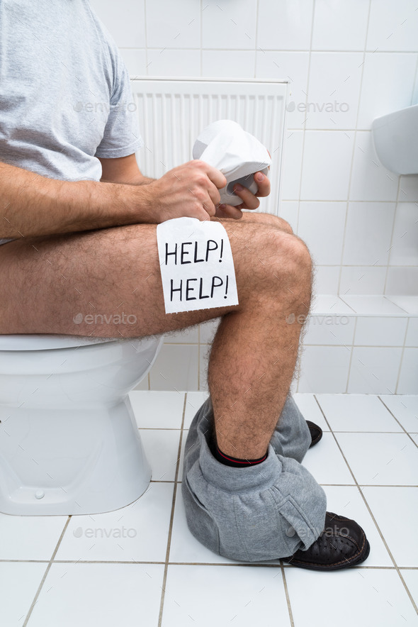 Man In Toilet Holding Tissue Paper Roll With Help Text