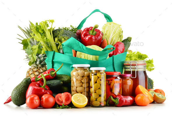 Green shopping bag with groceries isolated on white (Misc) Photo Download