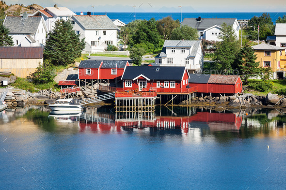 Typical Norwegian Fishing Village With Traditional Red Rorbu Huts (Misc) Photo Download