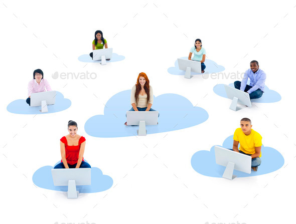 Group of Multi-Ethnic Young People Sitting on a Cloud with Compu (Misc) Photo Download