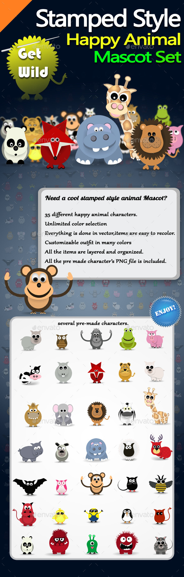 GraphicRiver Stamped Style Happy Animal Mascot Set 10130447 GraphicRiver Stamped Style Happy Animal Mascot Set 10130447