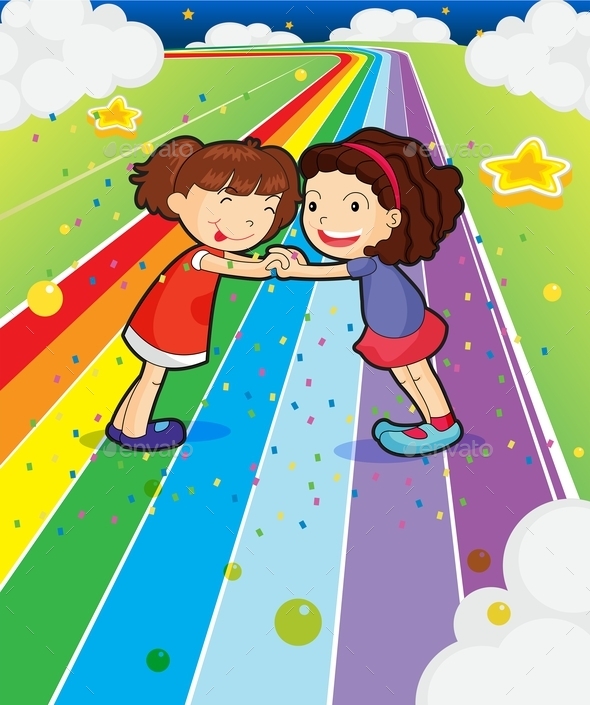 Two Girls Holding Hands at a Colorful Road Two Girls Holding Hands at a Colorful Road
