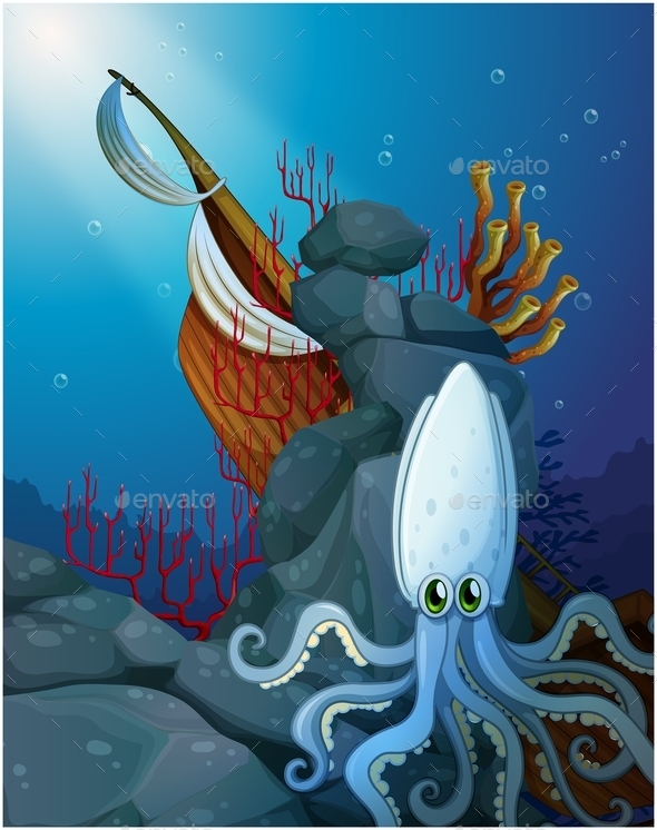 GraphicRiver Octopus Under the Sea Near a Wooden Boat 10132210 GraphicRiver Octopus Under the Sea Near a Wooden Boat 10132210