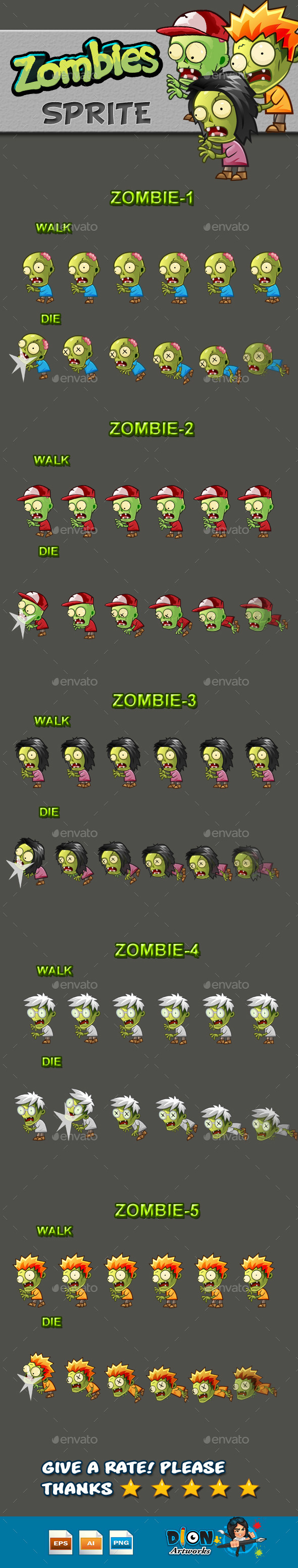 Zombies Sprite Sheets - Sprites Game Assets