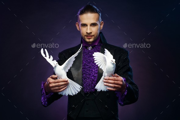 Young handsome brunette magician man in stage costume with his trained white doves (Misc) Photo Download