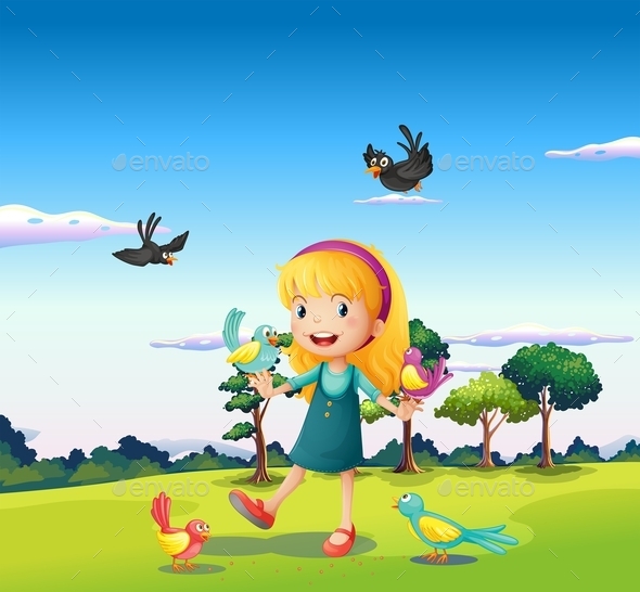 GraphicRiver Girl Surrounded by Birds on a Hill 10174962 GraphicRiver Girl Surrounded by Birds on a Hill 10174962