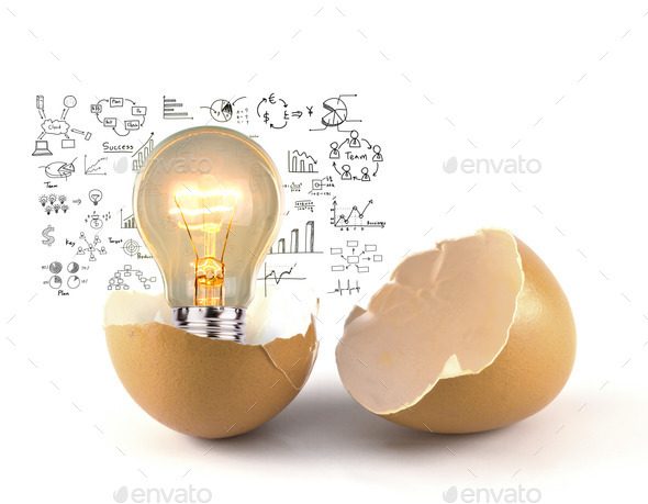 Broken egg the and lamp with business graph is pulled out. (Misc) Photo Download