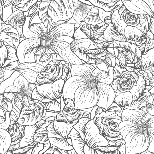 GraphicRiver Seamless Monochrome Floral Pattern with Roses 10198454 GraphicRiver Seamless Monochrome Floral Pattern with Roses 10198454