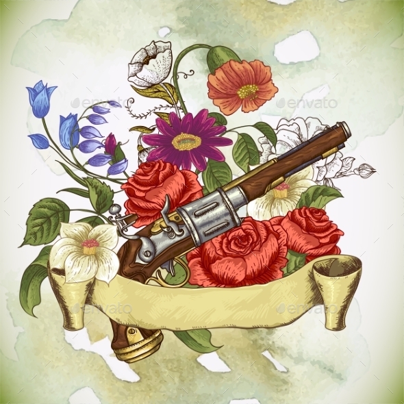 GraphicRiver Vintage Card with a Gun and Flowers 10198468 GraphicRiver Vintage Card with a Gun and Flowers 10198468