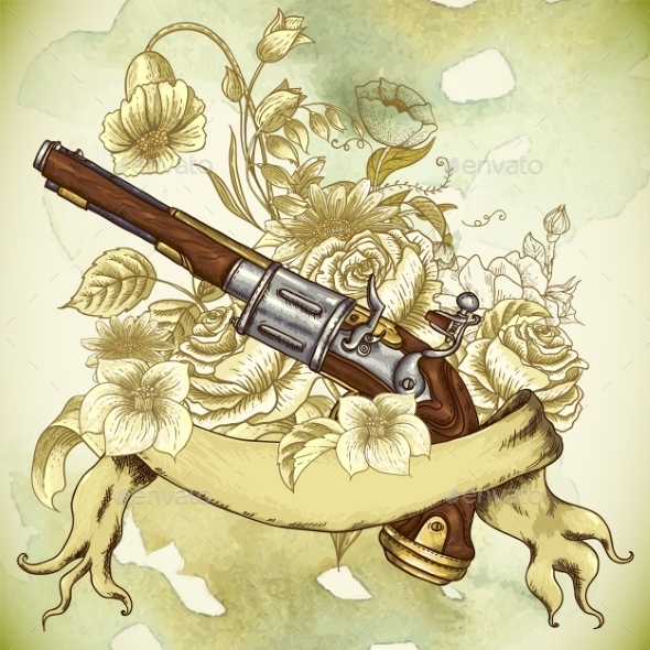 GraphicRiver Vintage Card with a Gun and Flowers 10198494 GraphicRiver Vintage Card with a Gun and Flowers 10198494