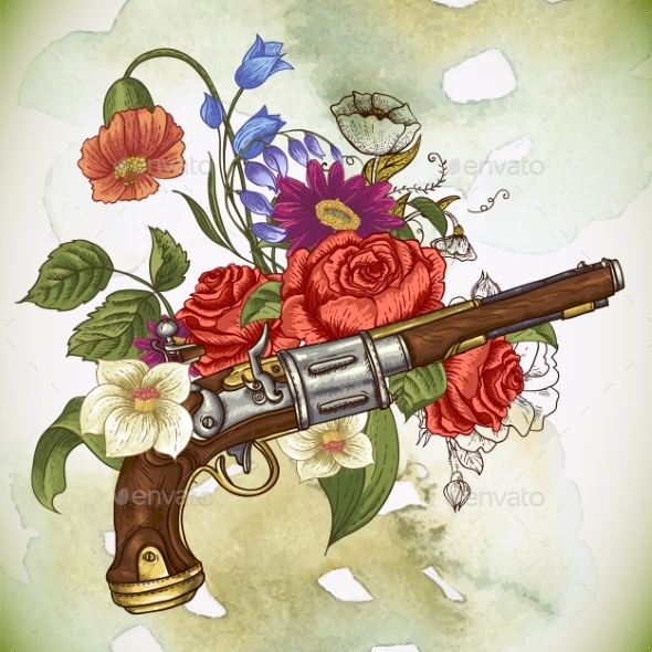 GraphicRiver Vintage Card with a Gun and Flowers 10198517 GraphicRiver Vintage Card with a Gun and Flowers 10198517
