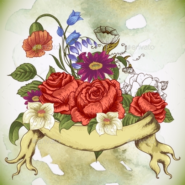 GraphicRiver Vintage Floral Card with Roses and Wild Flowers 10198540 GraphicRiver Vintage Floral Card with Roses and Wild Flowers 10198540
