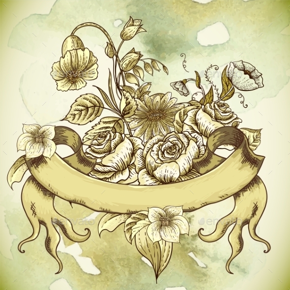 GraphicRiver Vintage Floral Card with Roses and Wild Flowers 10198605 GraphicRiver Vintage Floral Card with Roses and Wild Flowers 10198605