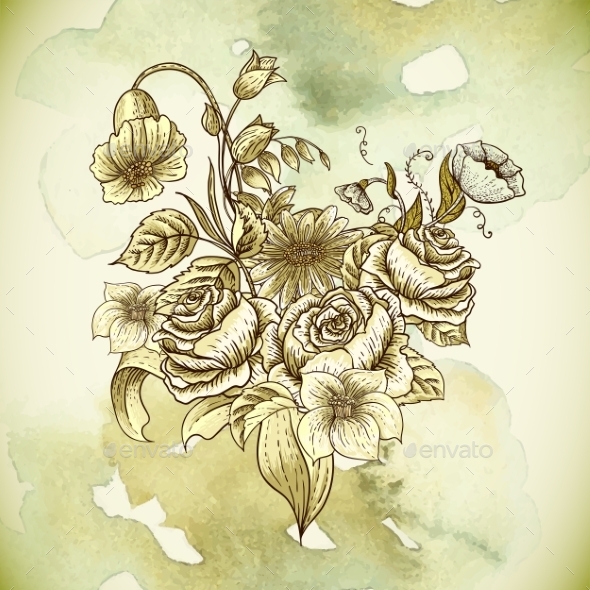 GraphicRiver Vintage Floral Card with Roses and Wild Flowers 10198613 GraphicRiver Vintage Floral Card with Roses and Wild Flowers 10198613