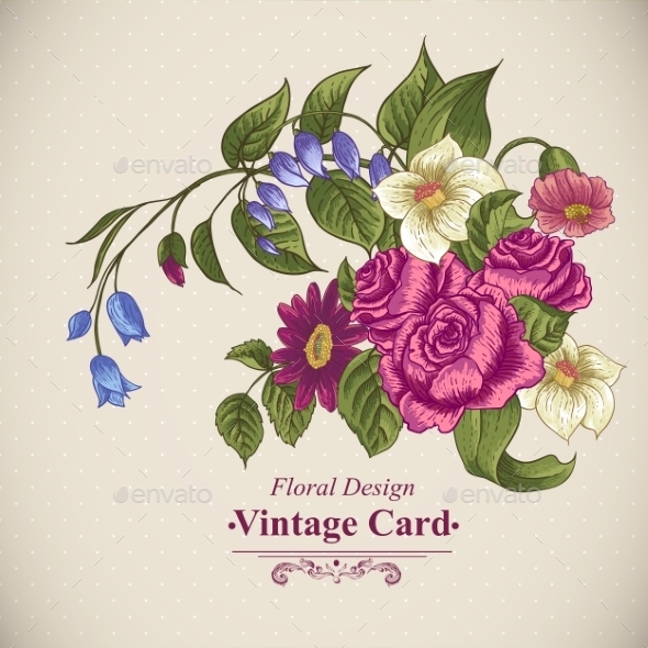 Vintage Floral Card with Roses and Wild Flowers Vintage Floral Card with Roses and Wild Flowers