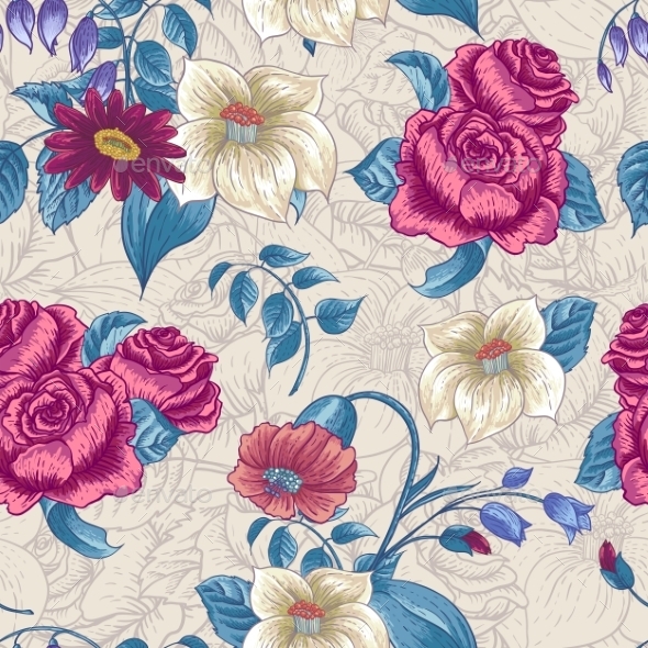 GraphicRiver Seamless Floral Pattern with Roses and Wildflowers 10198715 GraphicRiver Seamless Floral Pattern with Roses and Wildflowers 10198715